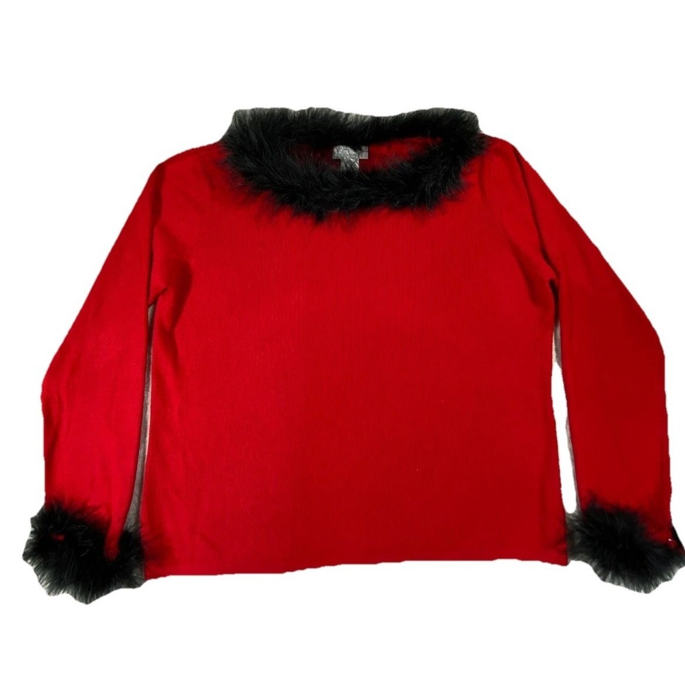 Worthington Sweater Womens XLP Red Knit Faux Fur Collar Cuffs‎ Holiday Christmas